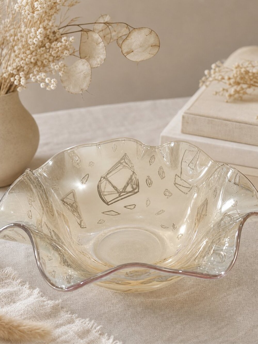 Vintage Indiana Glass Iridescent Console Bowl – Pink‑Peach Carnival Finish (EUC)